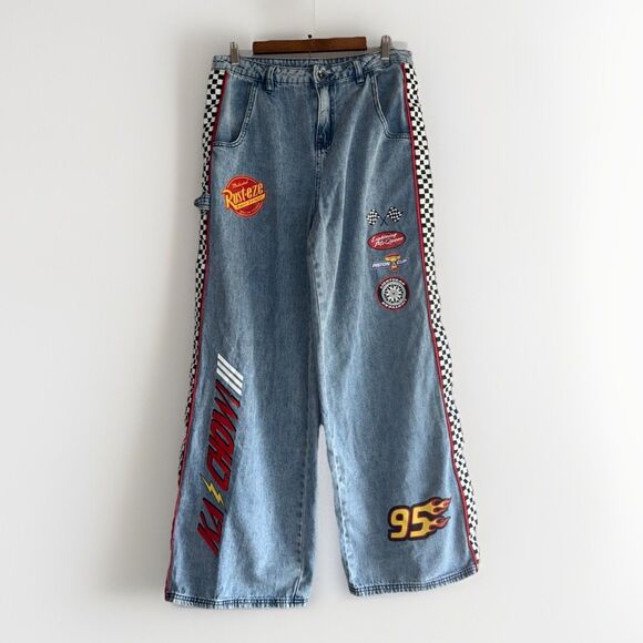 Disney Pixar Cars Race RUST-EZE Icons Wide Leg Jeans Sz 11 Hot Topic Lightening - Picture 2 of 16